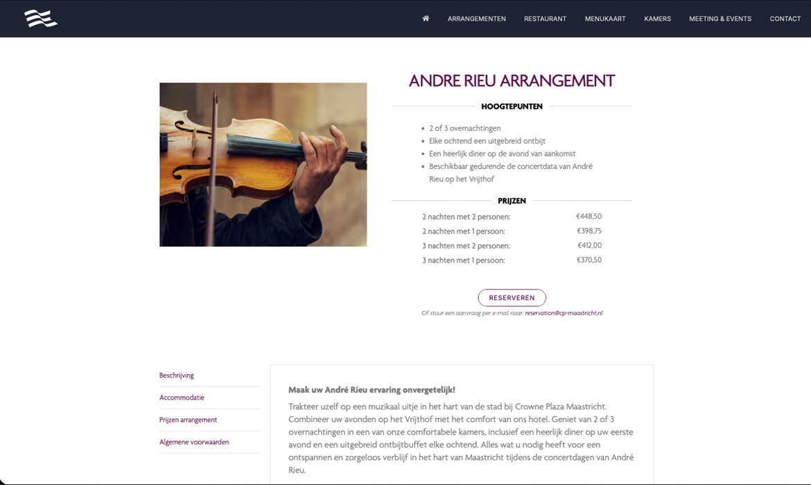 Arrangement Crowne Plaza Hotel Maastricht - LeTigre Webdesign Holland Violinist playing a violin on a page about an André Rieu arrangement, left side of the layout.
