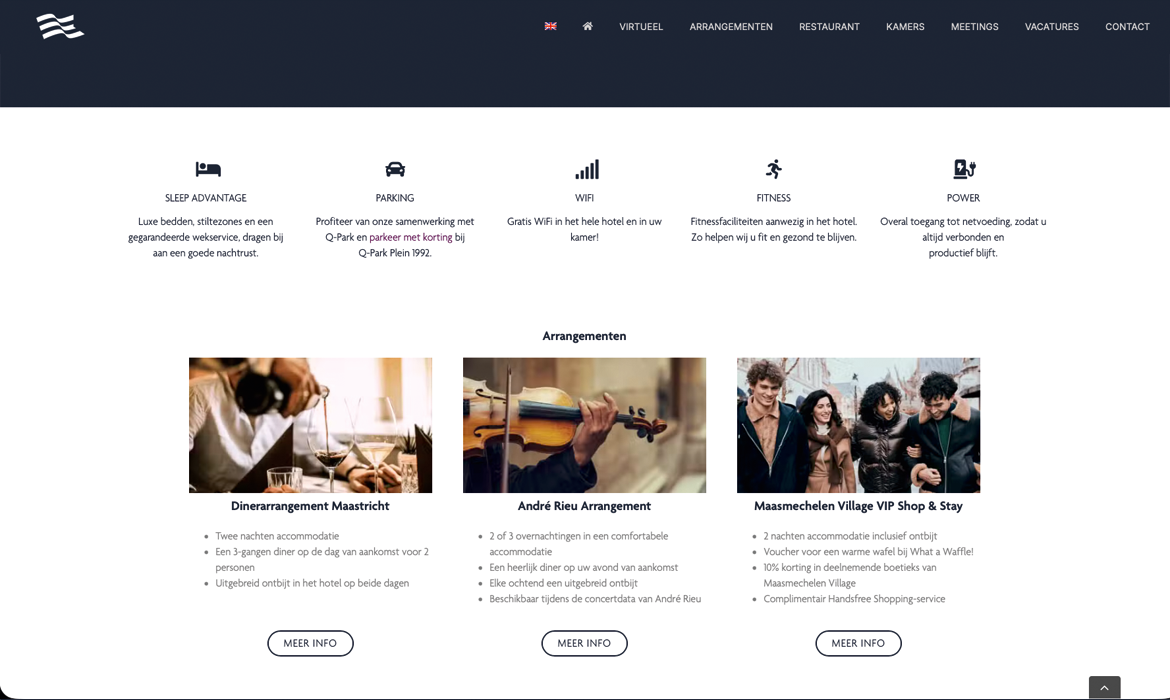 Arrangementen Crowne Plaza Hotel Maastricht - LeTigre Webdesign Holland Icons and labels illustrating hotel perks: Sleep Advantage, Parking, Wi‑Fi, Fitness, and Power access (top section).