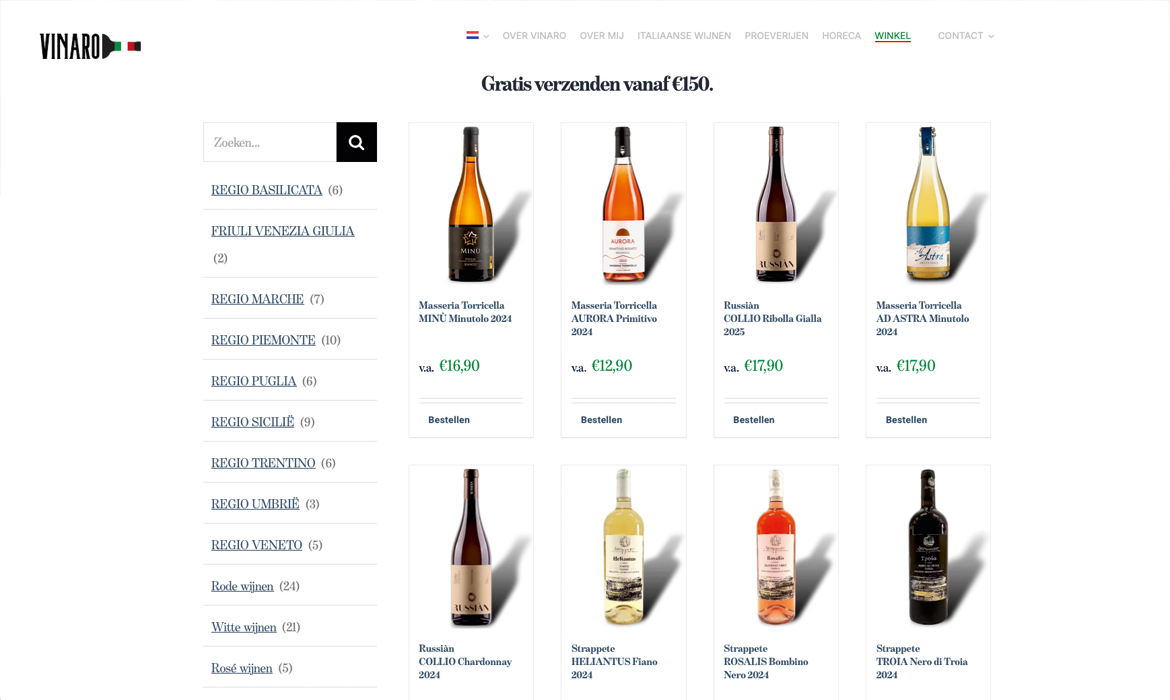 Vinaro produkt categorieen - LeTigre Webdesign Holland E-commerce wine catalog page showing a grid of wine bottles with names and prices, a left filter sidebar and a search bar at the top.