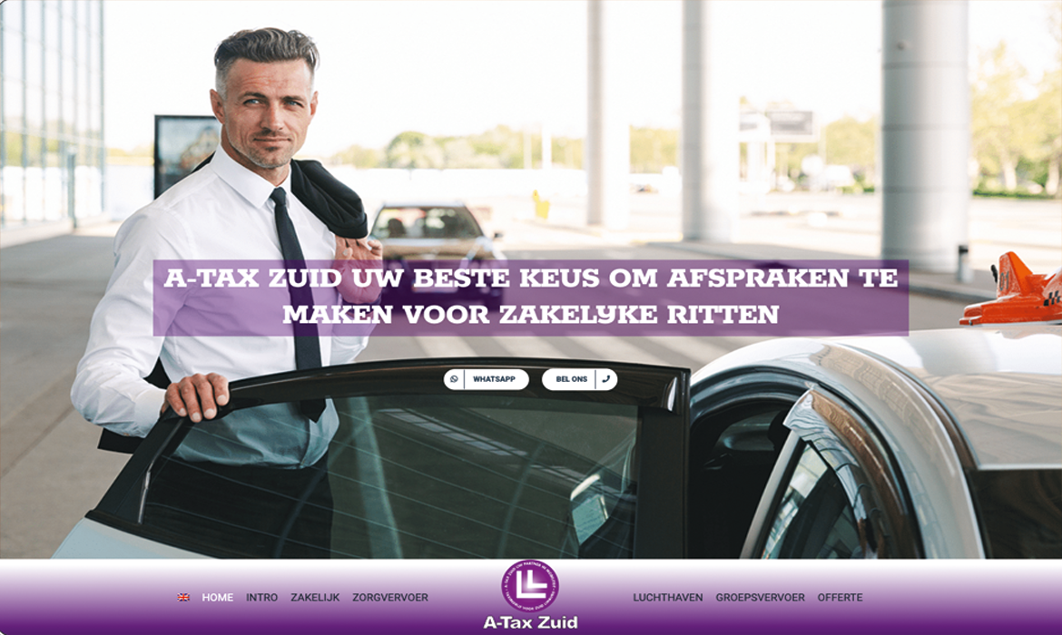 slider1 a-tax zuid - LeTigre Webdesign Holland Businessman in a white shirt and tie opens a car door as a purple banner promotes A-Tax Zuid for corporate rides (hero image)