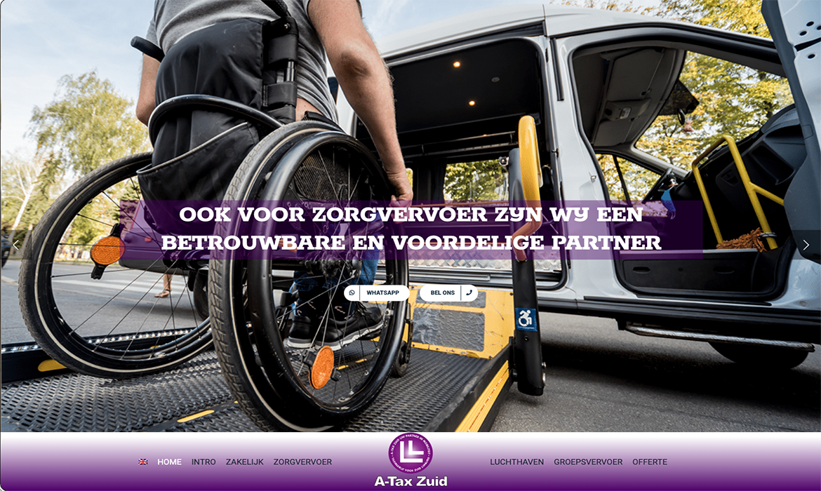 slider5 a-tax zuid - LeTigre Webdesign Holland Person in a wheelchair enters a white van using a ramp, with a purple banner text overlay across the doorway area.