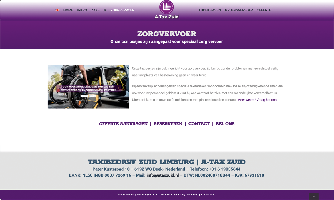 zorgvervoer a-tax zuid - LeTigre Webdesign Holland Header and hero area for 'ZORGVERVOER' service page, advertising specialized taxi transport for care passengers with purple branding.