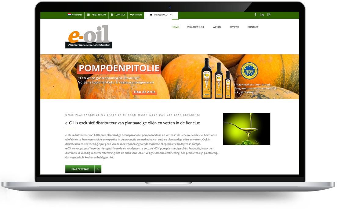 e-oil par Webdesign Holland - LeTigre Webdesign Holland Capture d'écran de la page d'accueil d'e-oil Benelux, avec une barre de navigation supérieure verte, une grande bannière consacrée à l'huile de potiron mettant en avant des bouteilles à droite, et une section de texte sur l'entreprise en dessous, accompagnée d'un bouton vert « Vers la boutique ».