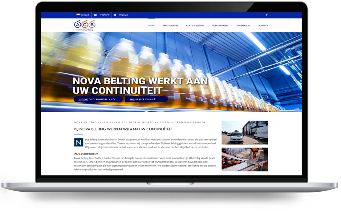 novabelting par webdesign holland - LeTigre Webdesign Holland Écran d'ordinateur portable affichant la page d'accueil d'une entreprise néerlandaise, avec un en-tête bleu et une grande image de fond représentant des bouteilles sur un tapis roulant.