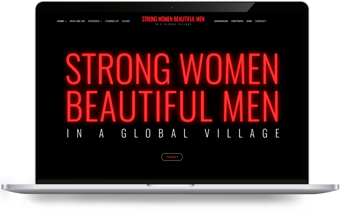 « Strong Women » par Webdesign Holland - LeTigre Webdesign Holland Écran d'ordinateur portable affichant l'image d'en-tête de la page d'accueil avec le texte « STRONG WOMEN BEAUTIFUL MEN » en rouge néon vif sur fond noir, la zone du logo centrée et un petit bouton « Contact ».